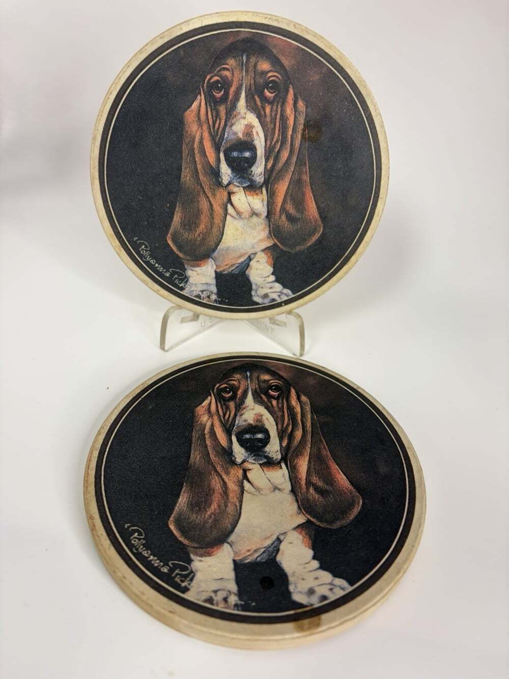 Set Of 2 Vintage Coaster Stone Ceramic Bassett Hound Coasters 4” - Picture 2 of 4